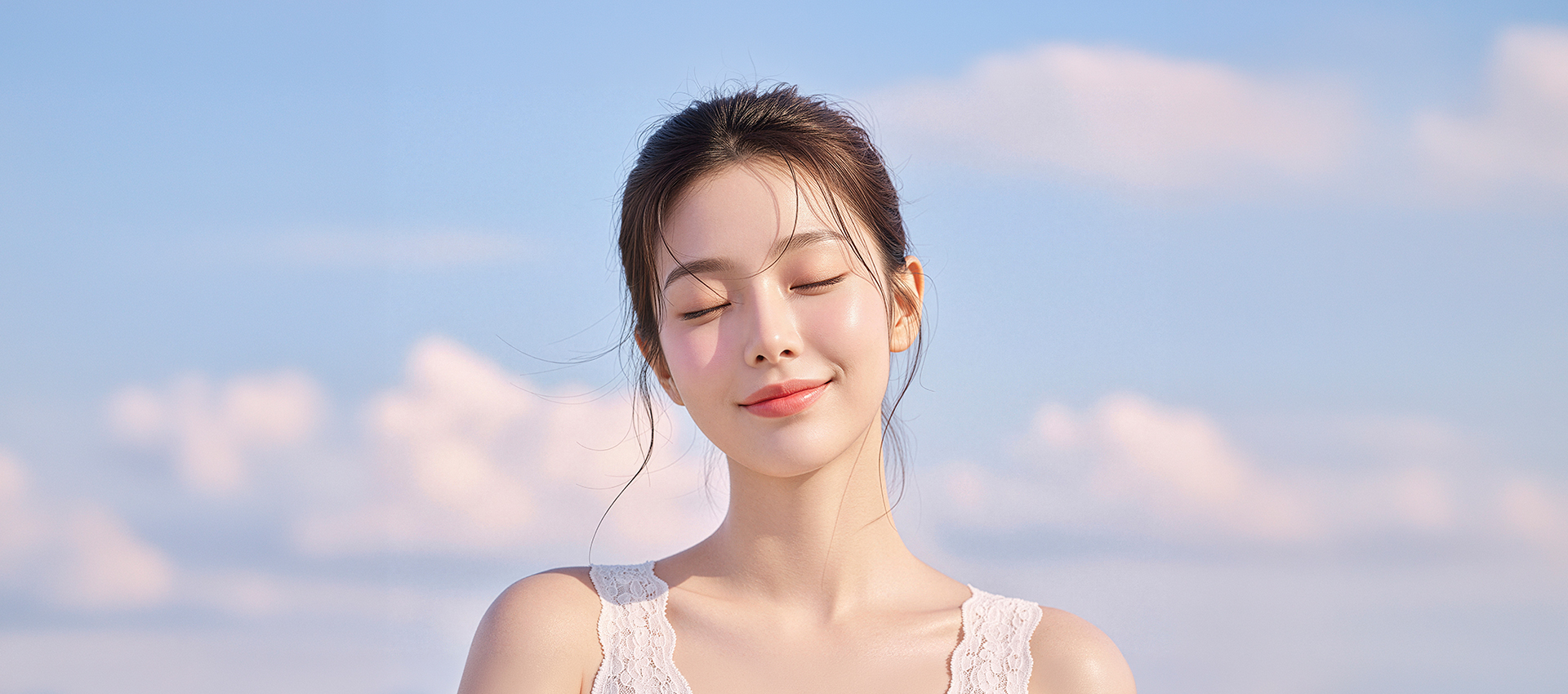 맑고 푸른 하늘을 배경으로 편안하게 눈을 감은 여성의 얼굴과 어깨 이미지