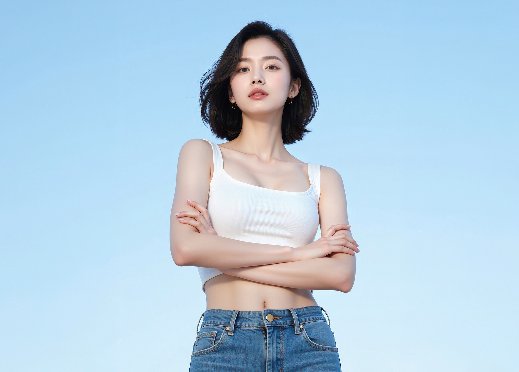 팔짱을 낀 채 자신감 있는 표정을 짓고 있는 탄력있는 바디 라인의 여성 모델 이미지